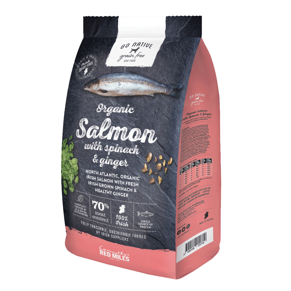 a bag of go native organic salmon dog food with spinach and ginger